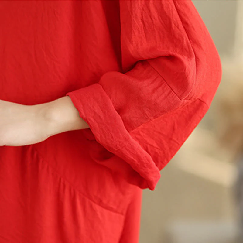 Buddha Stones Fall Casual V-Neck Long Sleeve Cotton Midi Dress