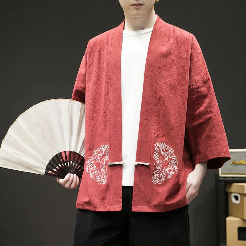 Buddha Stones Chinese Frog-Button Design Open Front Jacket Men's Cotton Linen Kimono