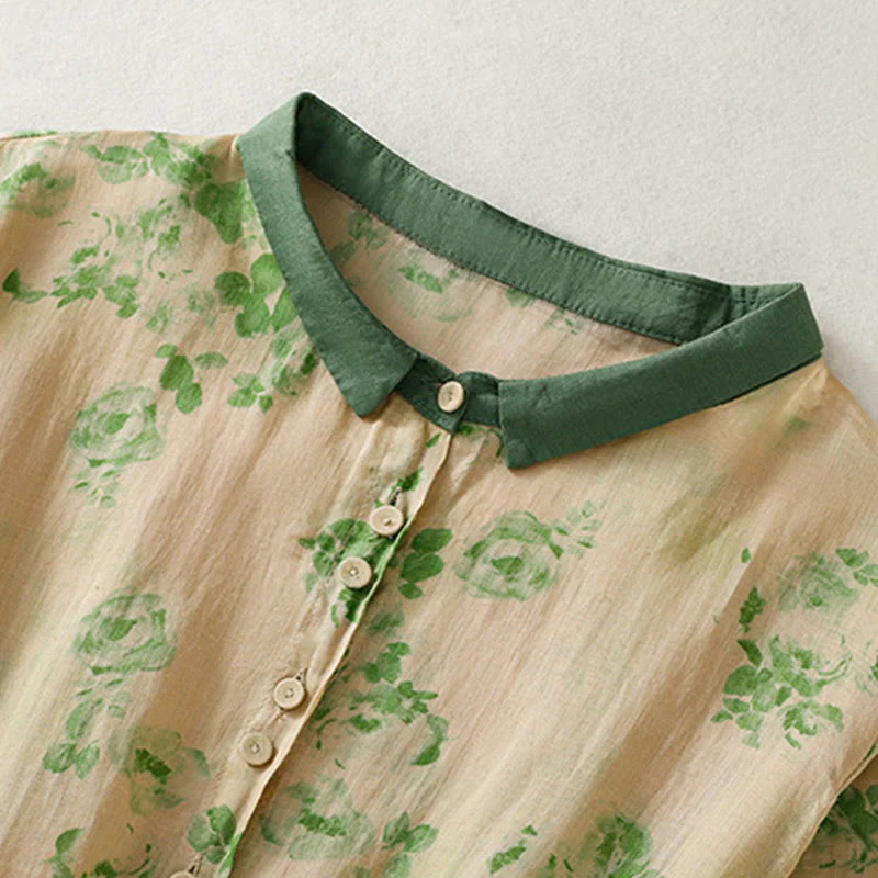 Buddha Stones Retro Printing Buttons Design Drawstring High Waist Cotton Midi Dress With Pockets