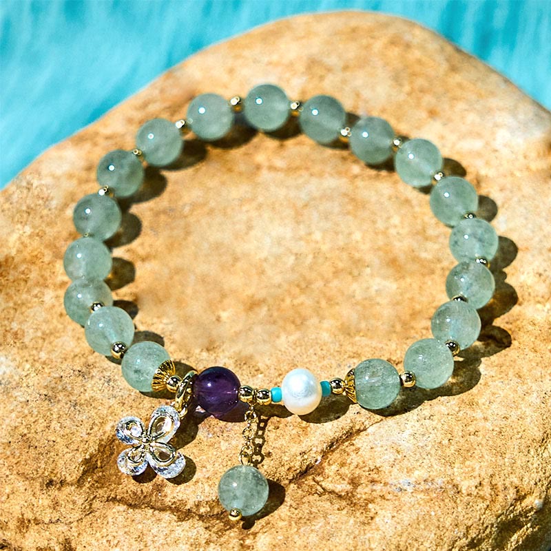 Buddha Stones Natural Strawberry Quartz Green Strawberry Quartz Butterfly Charm Love Bracelet