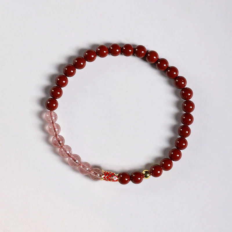 Buddha Stones Natural Cinnabar Pink Crystal Strawberry Quartz Lucky Koi Fish Blessing Bracelet