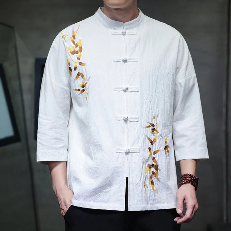 Buddha Stones Embroidery Men's  Chinese Frog-Button Three Quarter Sleeve Shirt Clothing