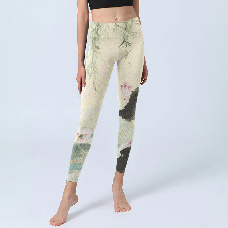 Buddha Stones Willow Leaves Lotus Pond Pattern Print Gym Leggings Women's Yoga Pants