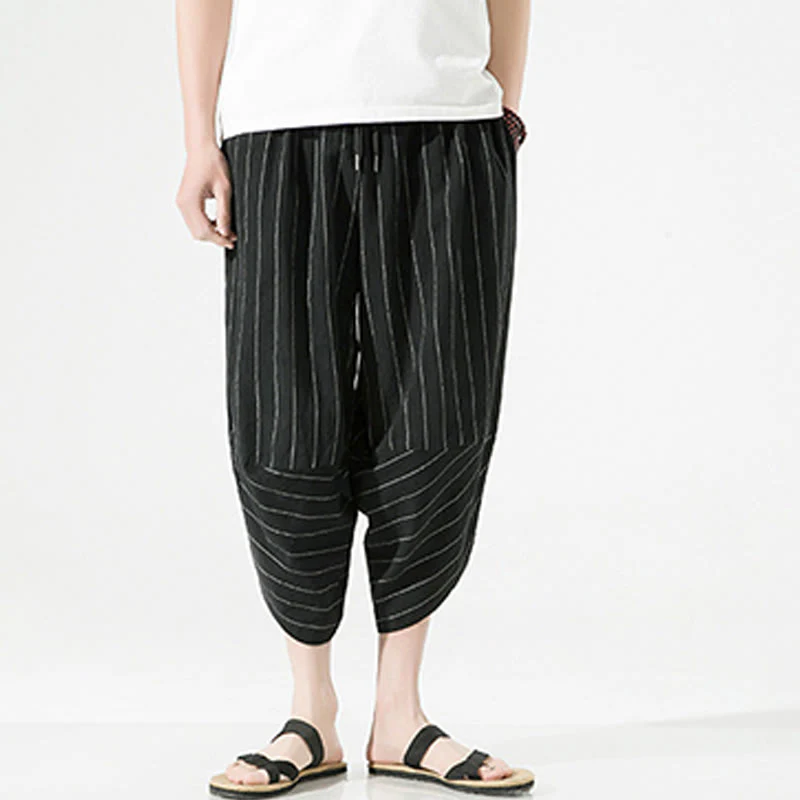 Buddha Stones Casual Plain Stripes Pattern Drawstring Men's 7-8 Length Cotton Linen Harem Pants With Pockets