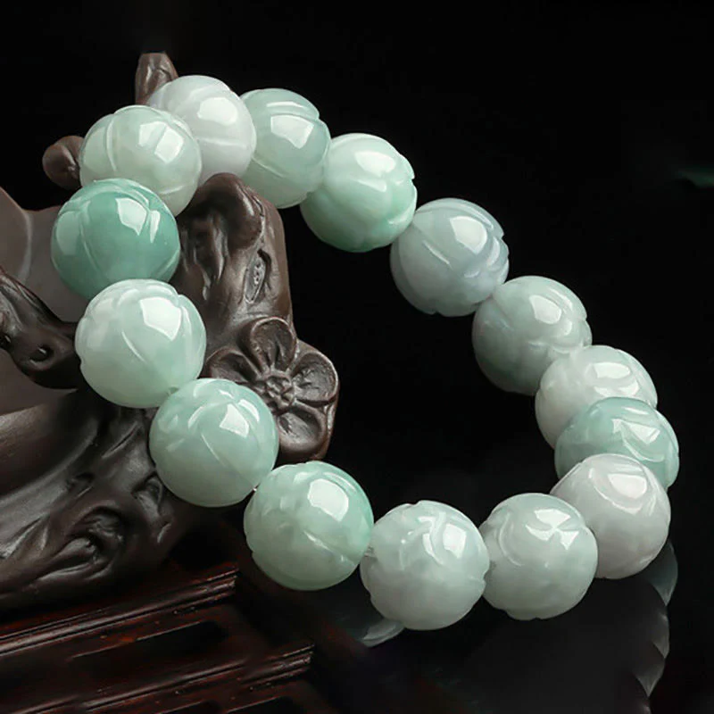 Buddha Stones Natural Jade Lotus Carving Prosperity Bracelet