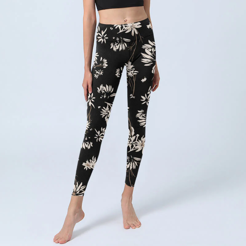 Buddha Stones Black White Petals Pattern Print Gym Leggings Women's Yoga Pants