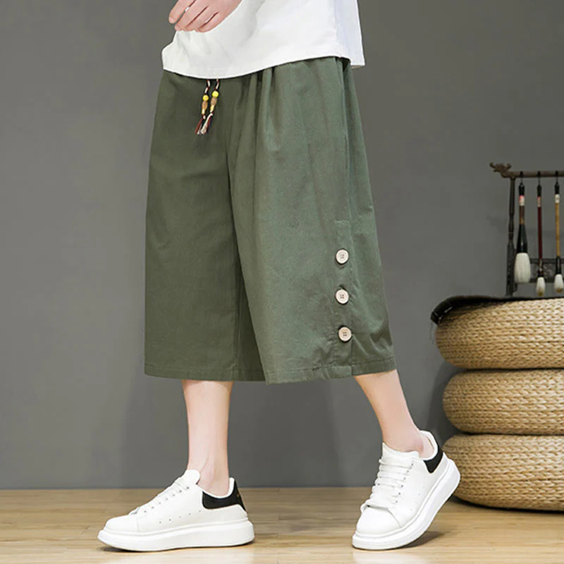 Buddha Stones Casual Plain Side Button Design Drawstring Men's Cotton Cropped Pants With Pockets