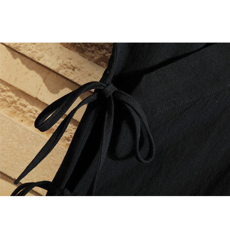 Buddha Stones Tang Suit Embroidery Crane Pattern Lace-Up Side Men's Cotton Linen T-Shirt