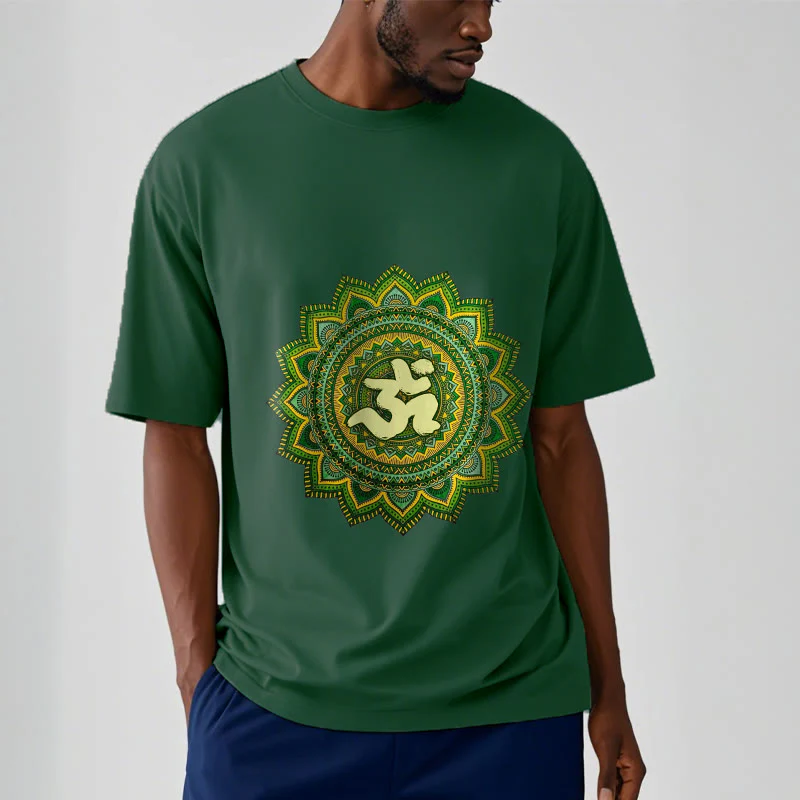 Buddha Stones Casual Green Mandala Om Symbol Pattern Cotton Tee T-shirt