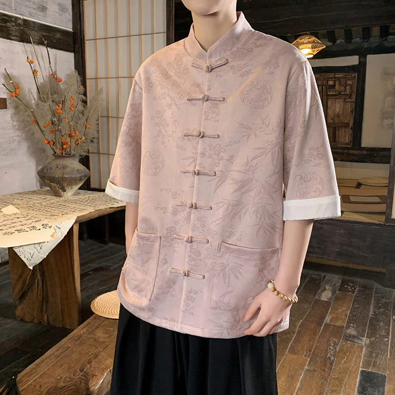 Buddha Stones Jacquard Bamboo Plum Bossom Pattern Chinese Frog-Button Design Men's Half Sleeve Cotton Shirt With Pockets