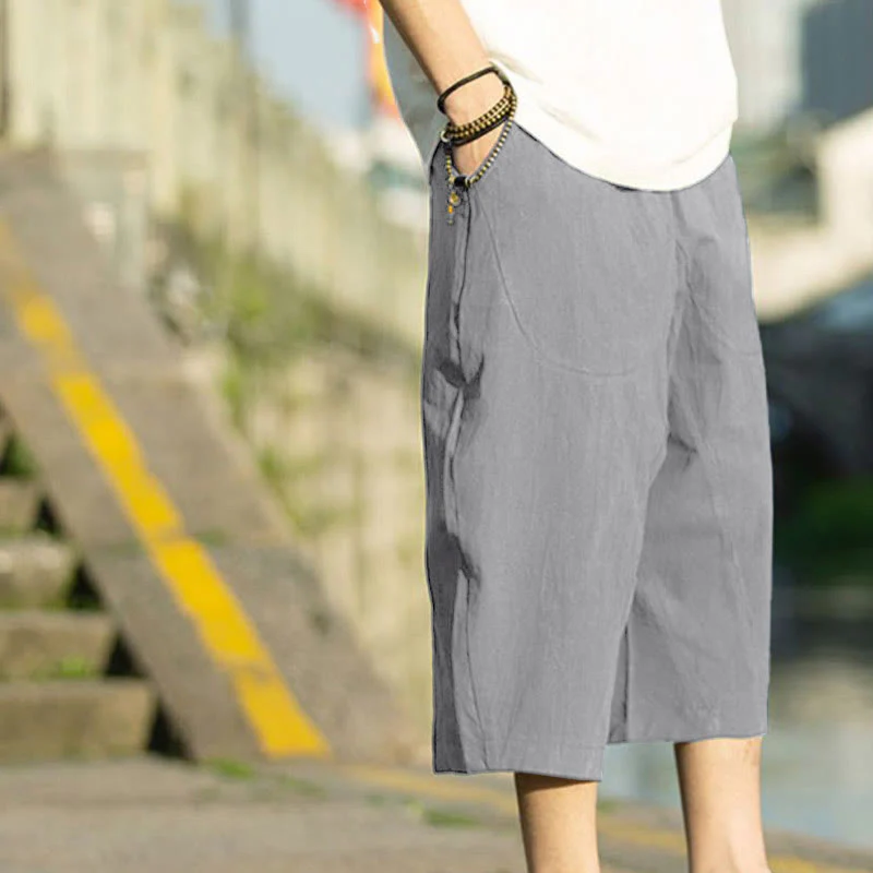 Buddha Stones Summer Plain Pleat Design Drawstring Men's 7-8 Length Cotton Linen Pants With Pockets