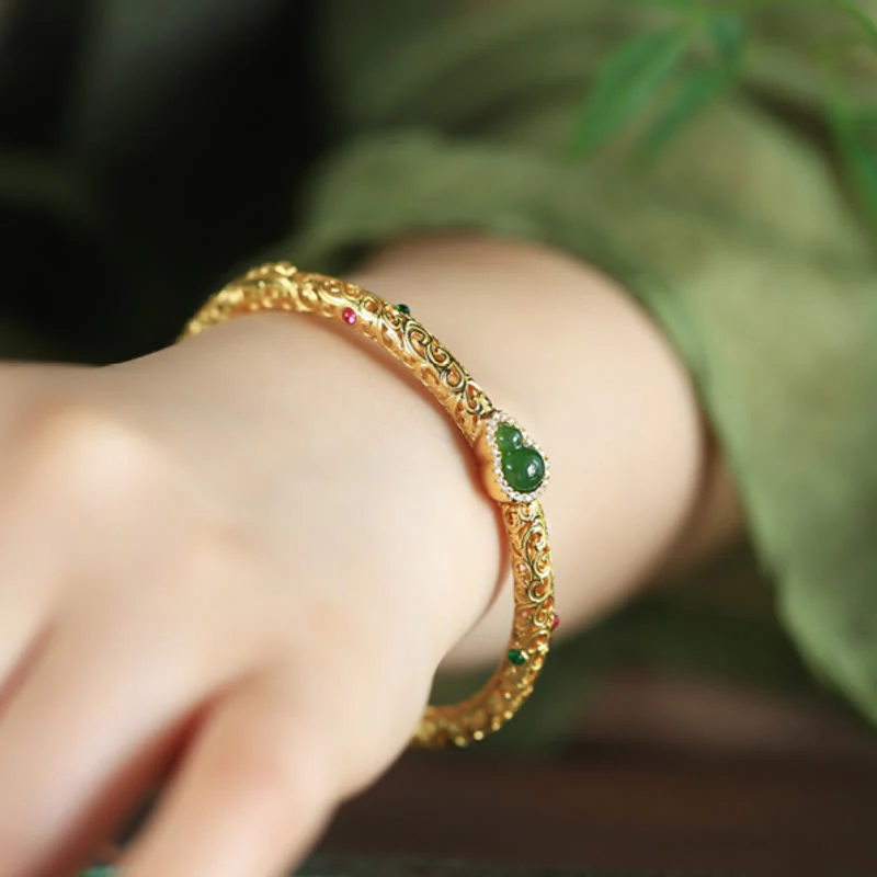 Buddha Stones Cyan Jade Copper Plated Gold Auspicious Clouds Gourd Luck Bracelet Bangle