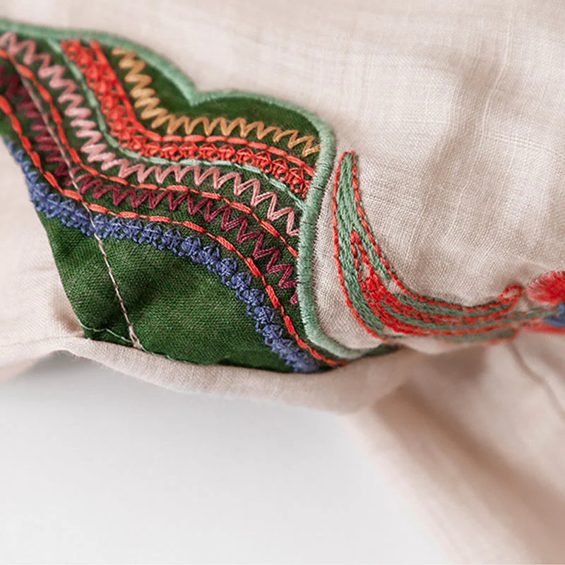 Buddha Stones Casual Flower Embroidery Women's Cotton Linen Elastic Waist  Wide Leg Pants With Pockets