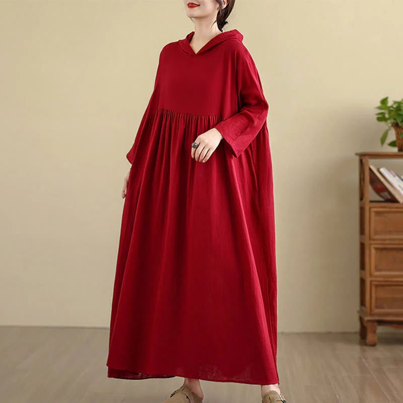 Buddha Stones Fall Hoodie Design Long Sleeve Cotton Linen Midi Dress With Pockets