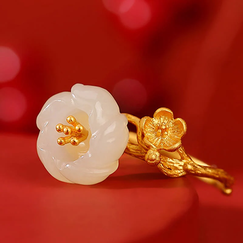 Buddha Stones 925 Sterling Silver Plated Gold Hetian Jade  Plum Blossom Luck Necklace Pendant Bracelet Bangle Ring