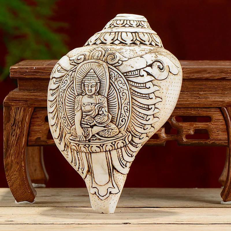 Buddha Stones Tibetan Handmade Engraved Shankha Buddha Avalokitesvara Conch Shell Wealth Decoration