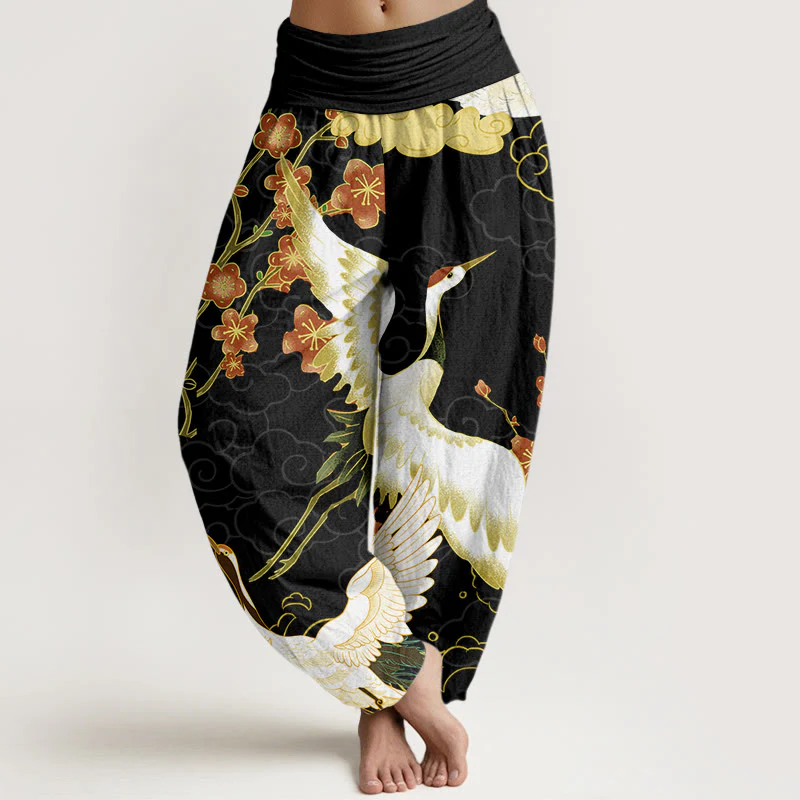 Buddha Stones Cranes Flowers Auspicious Clouds pattern Women's Elastic Waist Harem Pants