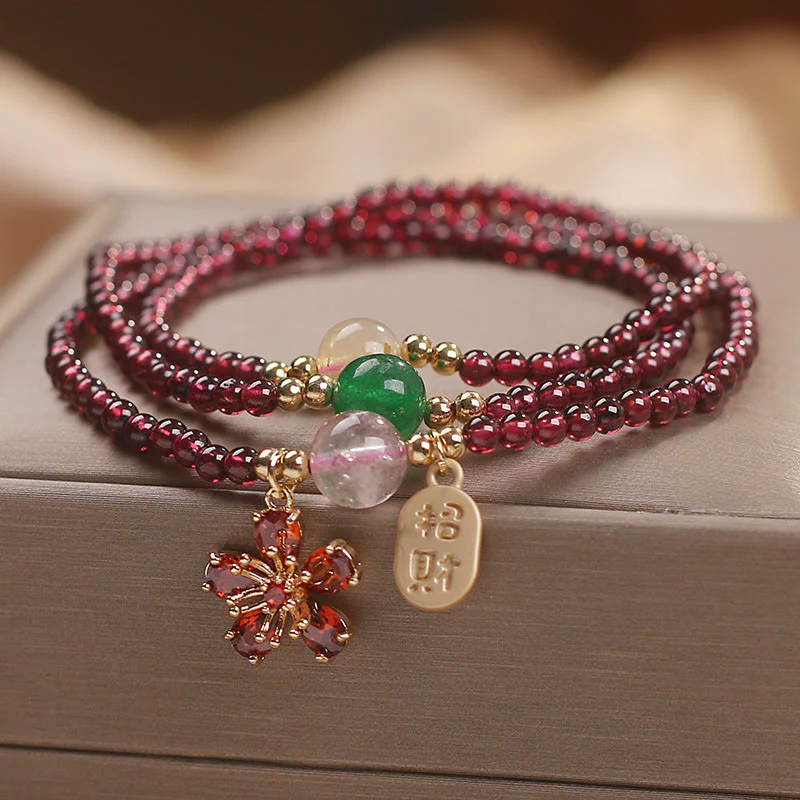 Buddha Stones Natural 3mm Ultra-thin Garnet Beads Cherry Blossom Flower Attract Fortune Protection Multilayer Bracelet