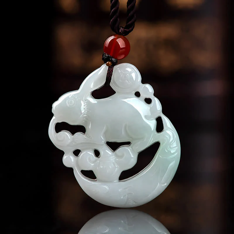Buddha Stones Year of the Rabbit White Jade Crescent Moon Protection Necklace Pendant