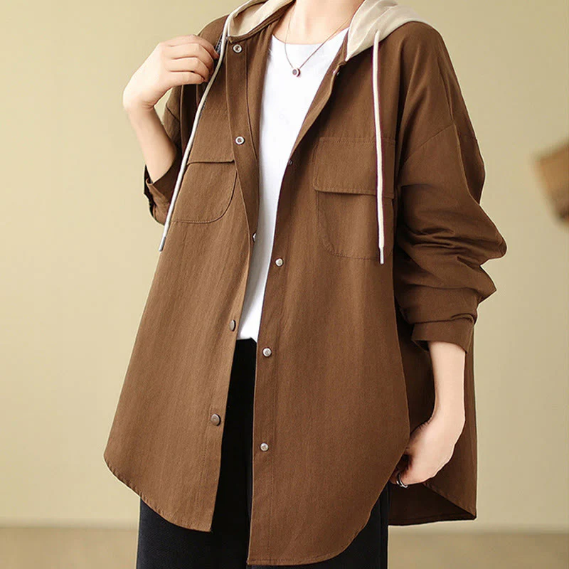 Buddha Stones Casual Commute Drawstring Hoodie Women's Cotton Linen Jacket With Pockets