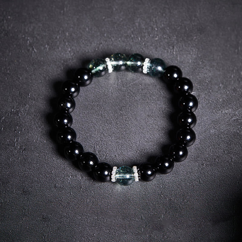 Buddha Stones 925 Sterling Silver Black Obsidian Green Phantom Strength Bracelet