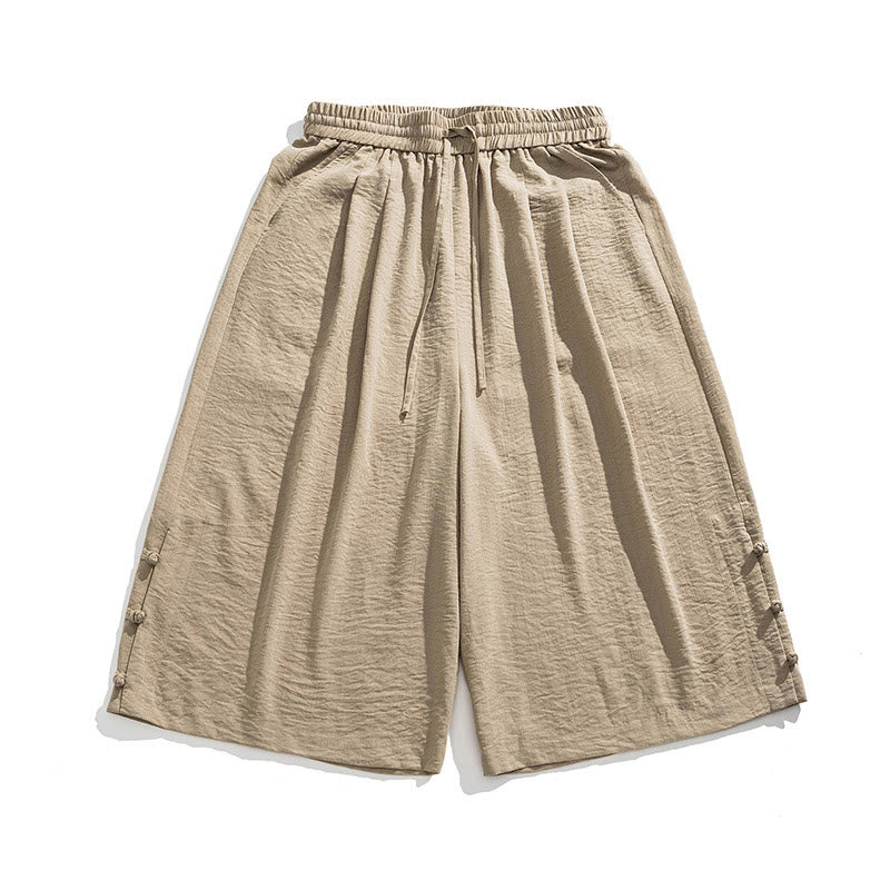Buddha Stones Casual Loose Frog-Button Plain Men's Cotton 7-8 Length Wide Leg Pants With Pockets