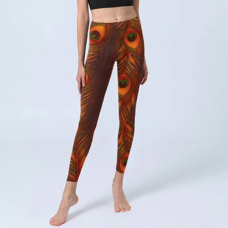 Buddha Stones Brown Peacock Feathers Print Gym Leggings Women's Yoga Pants