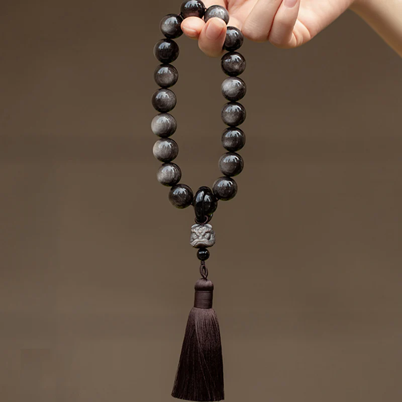 Buddha Stones Natural Silver Sheen Obsidian Black Obsidian Lion Wrist Mala Protection Tassels Pocket Mala Car Decoration