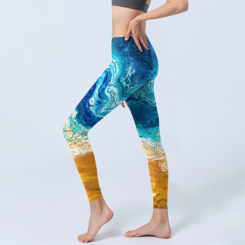 Buddha Stones Ocean Wave Golden Shore Pattern Print Gym Leggings Women's Yoga Pants