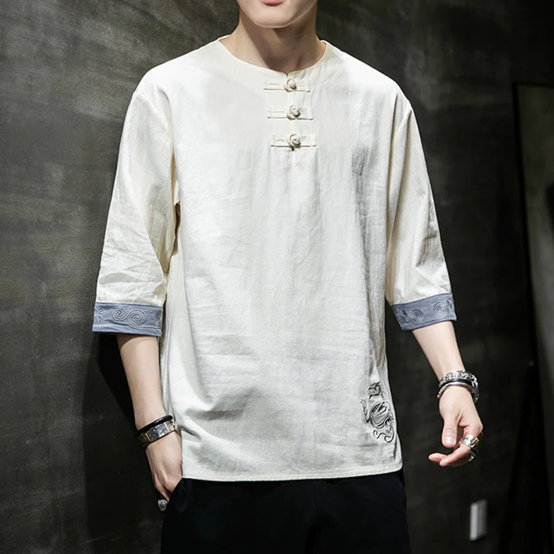 Buddha Stones Summer Embroidery Plain Frog-Button Men's Crew Neck Half Sleeve Cotton Linen Shirt Clothing