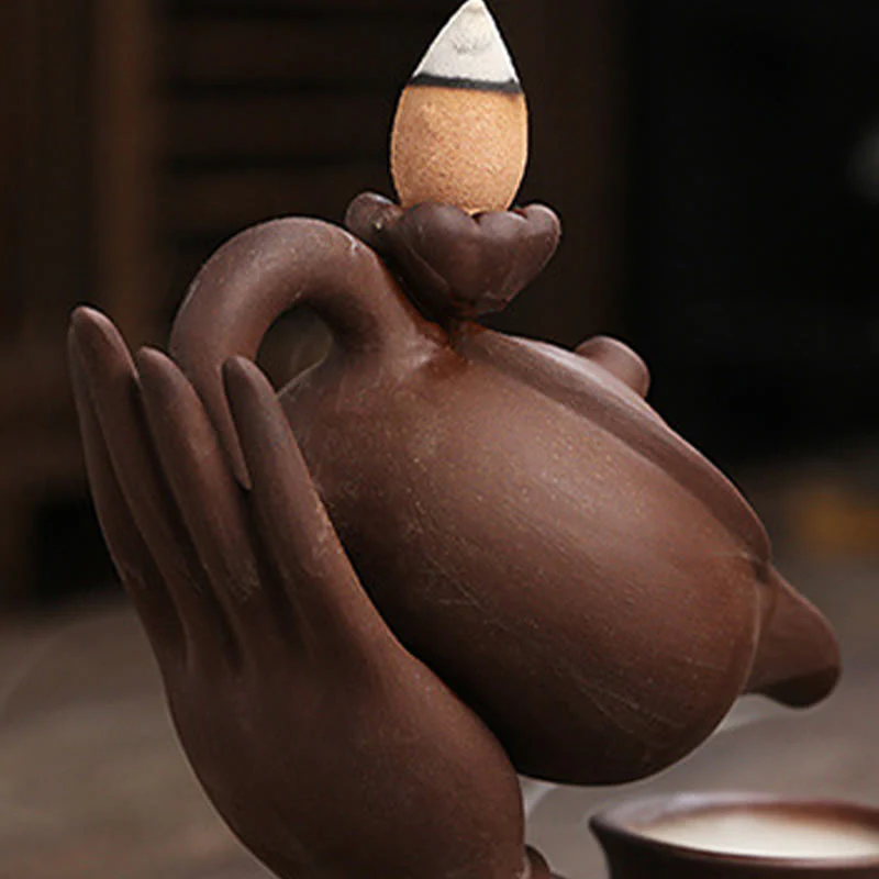 Buddha Stones Buddha Hand Holding Teapot Cup Ceramic Backflow Smoke Fountain Healing Incense Burner Decoration
