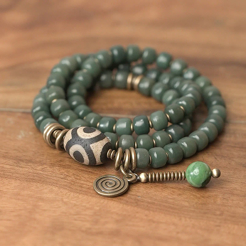 Buddha Stones Cyan Bodhi Seed Dzi Bead Wisdom Peace Triple Wrap Bracelet
