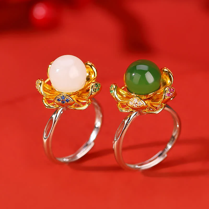 Buddha Stones 925 Sterling Silver White Jade Cyan Jade Lotus Flower Success Ring