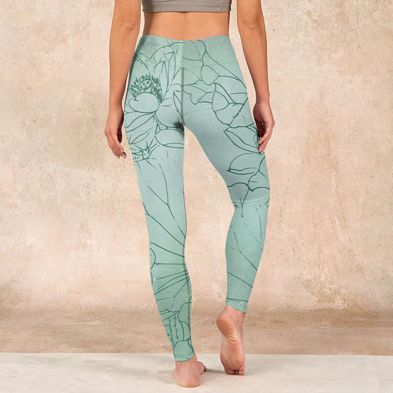 Buddha Stones Green Lotus Flower Print Sports Leggings Women's Yoga Pants
