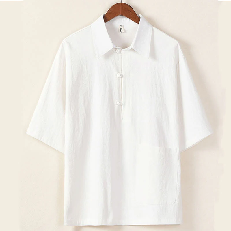 Buddha Stones Casual 2Pcs Pure Color Half Button Design Shirt Drawstring Pants Men's Cotton Linen Meditation Cloth Set With Pockets