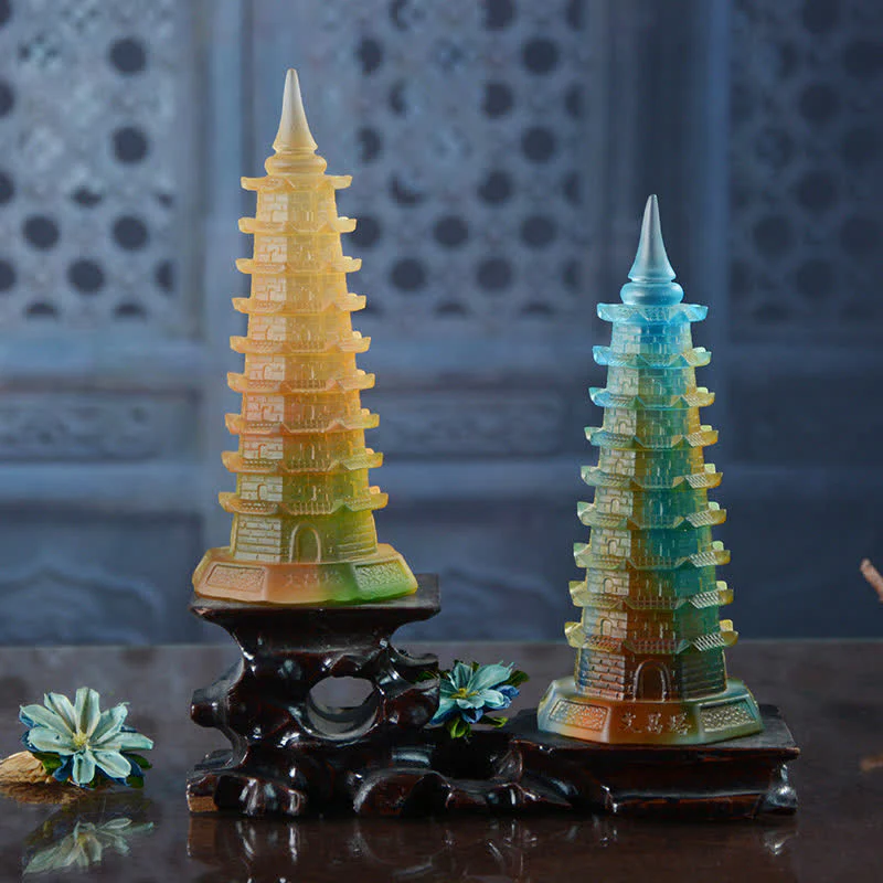 Buddha Stones Feng Shui Wenchang Tower Handmade Liuli Crystal Pagoda Art Piece Luck Home Office Decoration