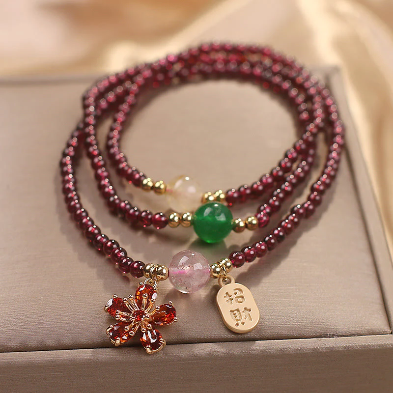 Buddha Stones Natural 3mm Ultra-thin Garnet Beads Cherry Blossom Flower Attract Fortune Protection Multilayer Bracelet