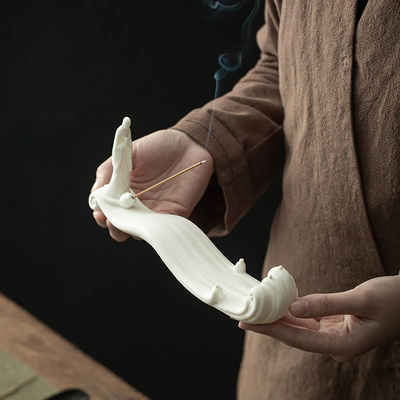 Buddha Stones Buddha Monk Ceramic Sea Wave Mountain Blessing Incense Burner Decoration