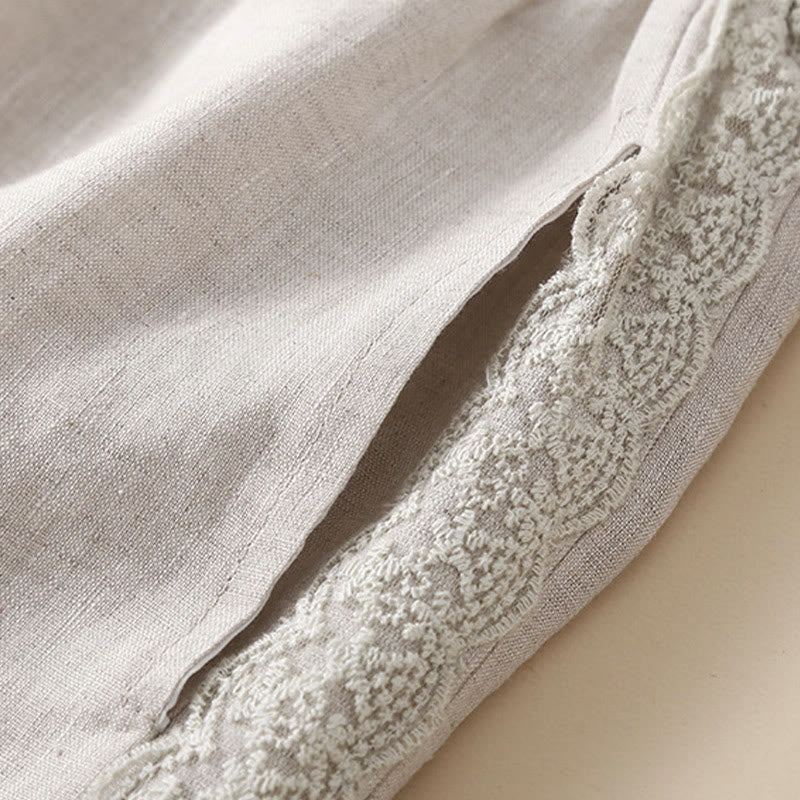Buddha Stones Plain Lace Women's Harem Cotton Linen Pants With Pockets