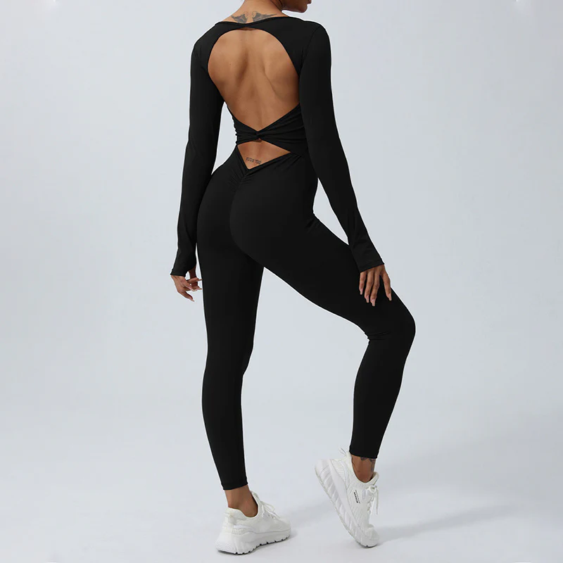 Buddha Stones Women Long Sleeve Backless Jumpsuit Sports Fitness Yoga Bodysuit