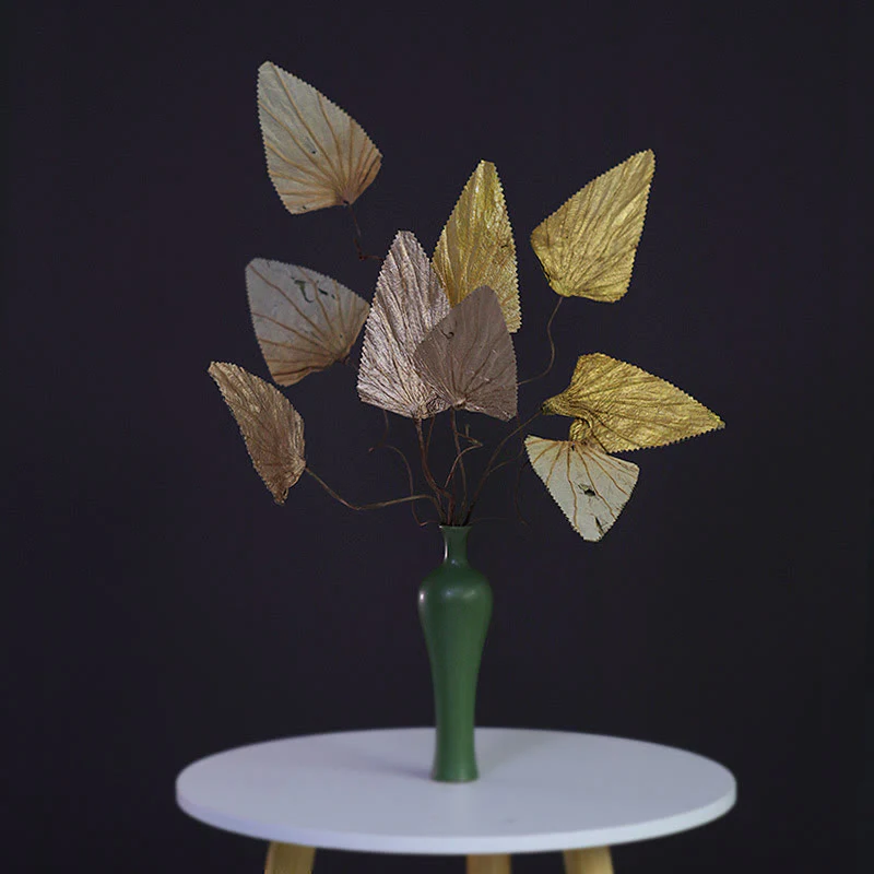 Buddha Stones Natural Dried Triangle Lotus Leaf Stemmed Plant Bouquet Home Decoration Ornaments