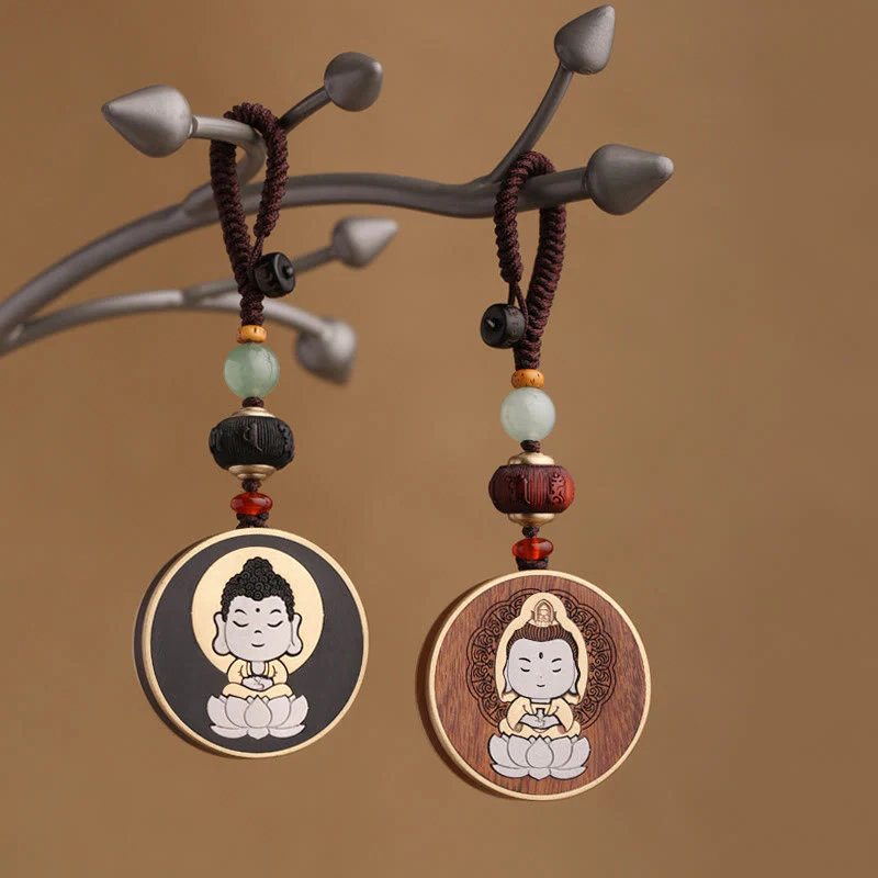 Buddha Stones Ebony Wood Rosewood Buddha Avalokitesvara Om Mani Padme Hum Balance Car Key Chain Decoration