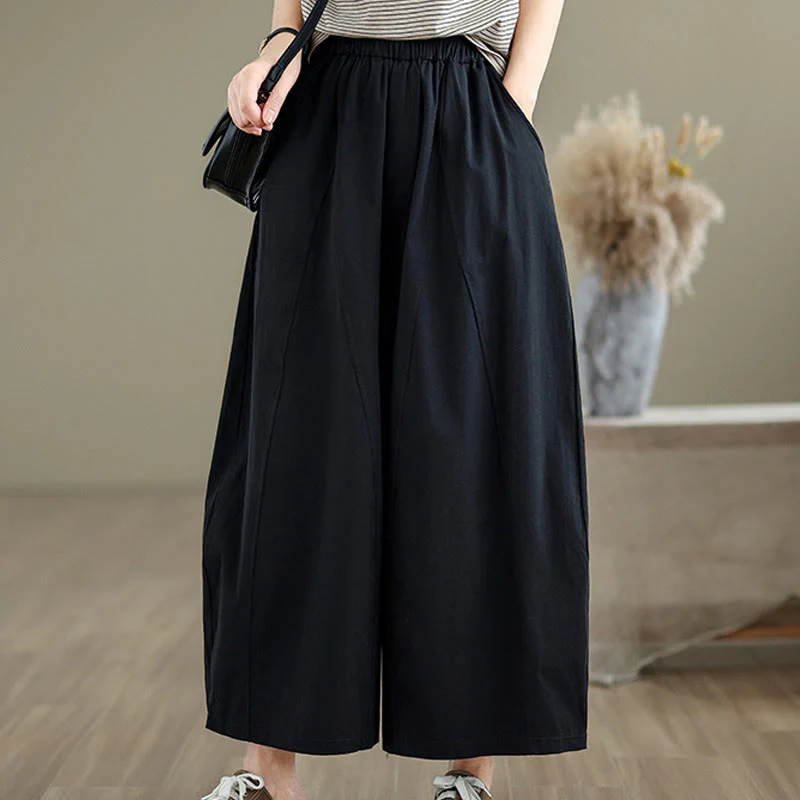 Buddha Stones Casual Plain Cotton Women's 7-8 Length Wide Leg Pants With Pockets