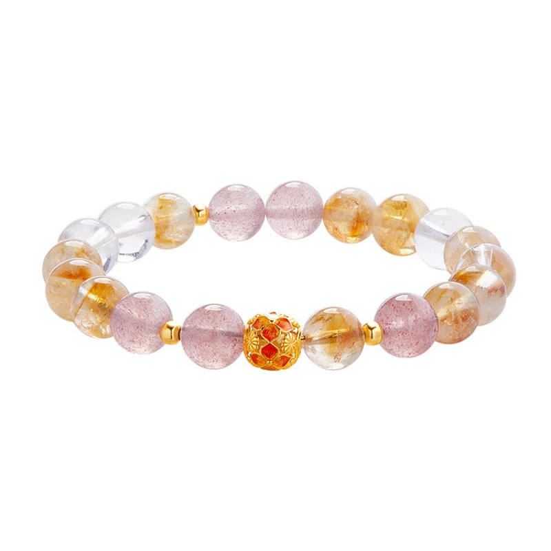 Buddha Stones 999 Sterling Silver Citrine Strawberry Quartz White Crystal Protection Bracelet