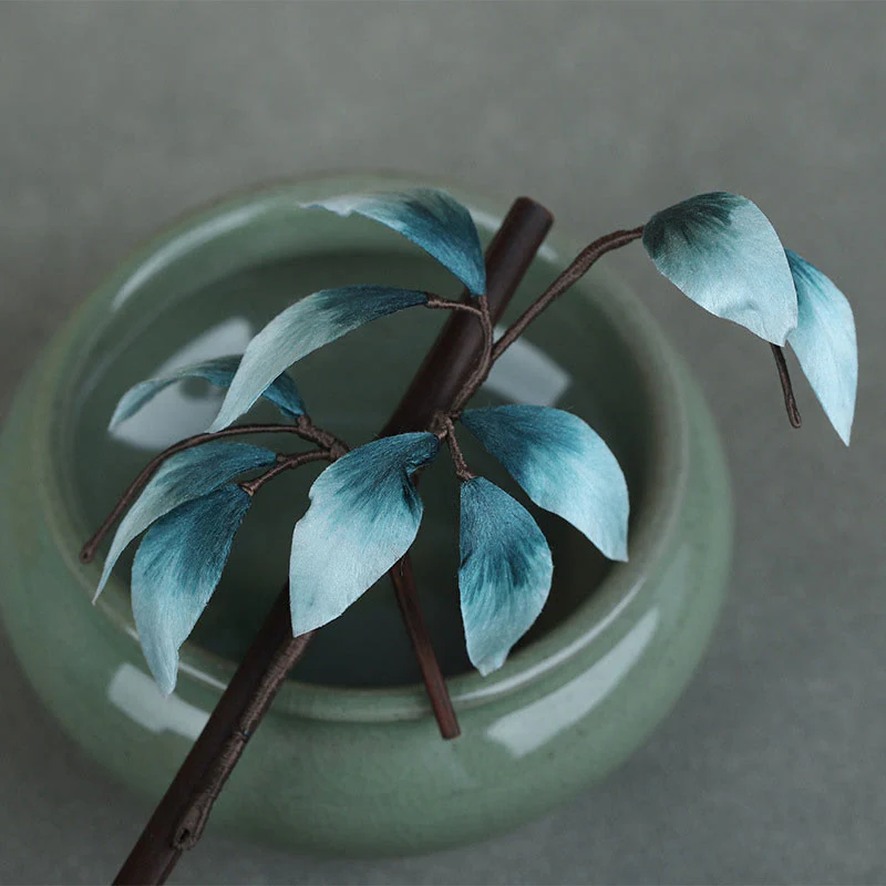 Buddha Stones Handmade Velvet Flower Bamboo Leaf Soft Hairpin