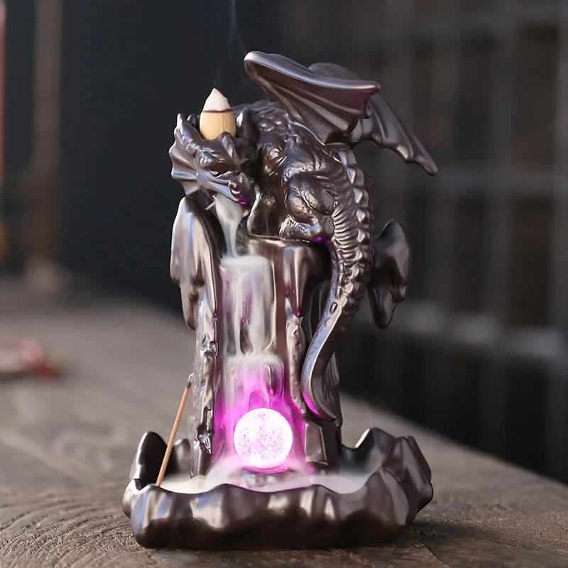 Buddha Stones Nordic Dragon Ceramic Backflow Smoke Fountain Meditation Healing Incense Burner Led Ball Decoration