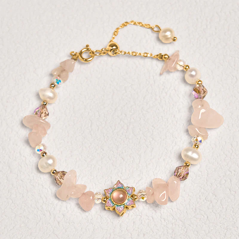 Buddha Stones Natural Gravel Rose Quartz Flower Pearl Healing Bracelet
