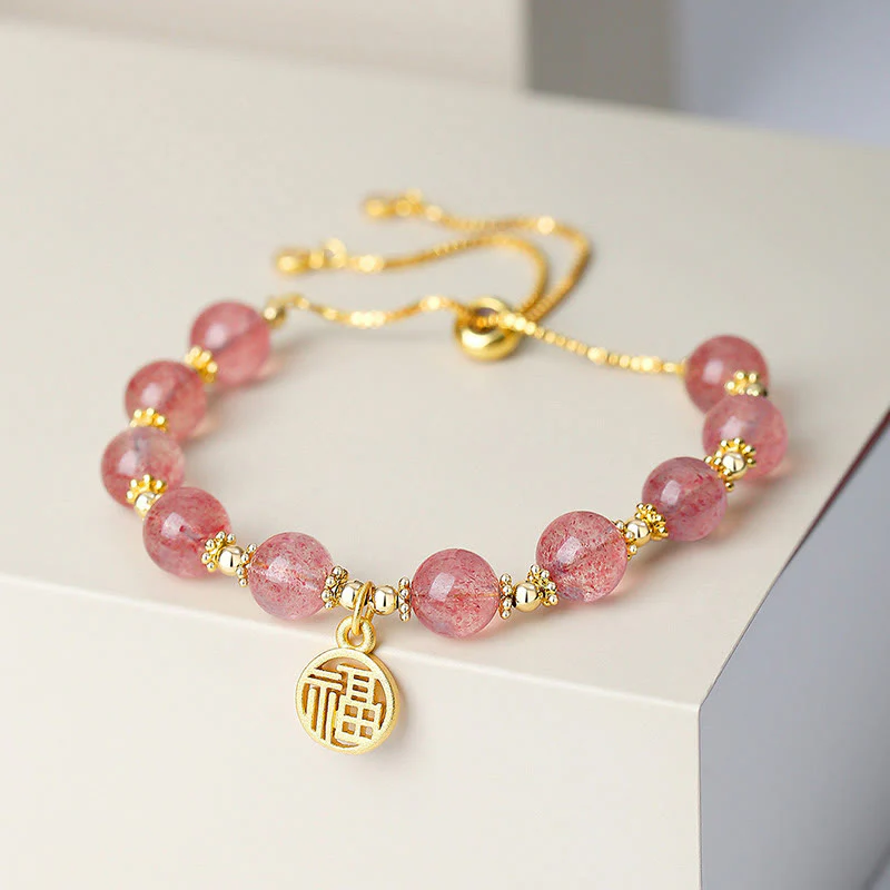 Buddha Stones 14K Gold Plated Natural Strawberry Quartz Fu Character Positive Charm Bracelet
