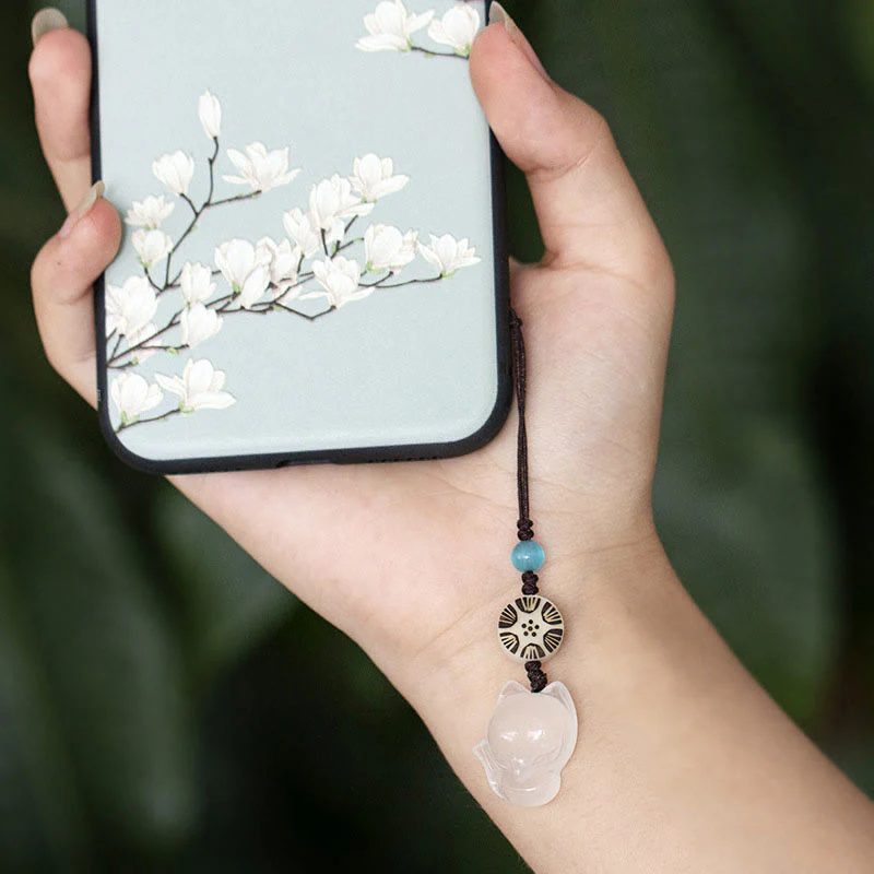 Buddha Stones Natural Chalcedony Fox Harmony Phone Hanging Decoration
