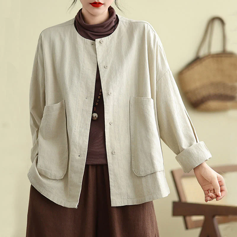 Buddha Stones Plain Design Long Sleeve Women's Cotton Linen Jacket With Pockets